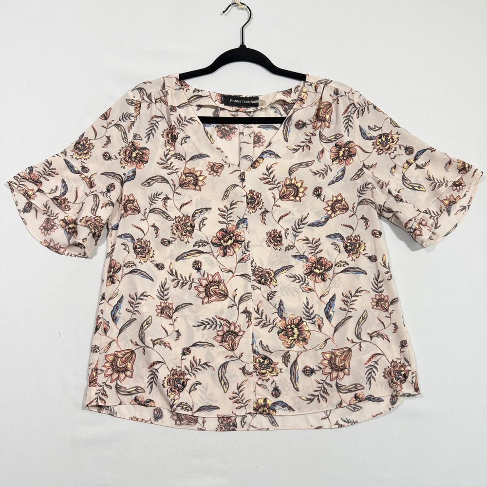 Ivanka Trump Womens Blouse M Cream Gold Metallic Floral Ruffle Office Casual